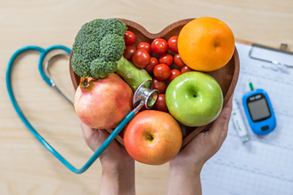 Diabetes monitor, Cholesterol diet and healthy food eating nutri